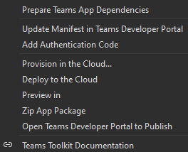 Teams toolkit operations from Project menu